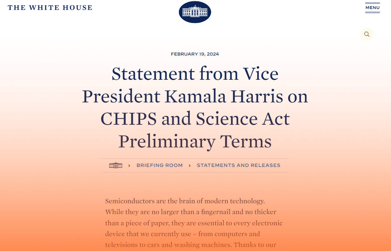 Statement from Vice President Kamala Harris on CHIPS and Science Act Preliminary Terms